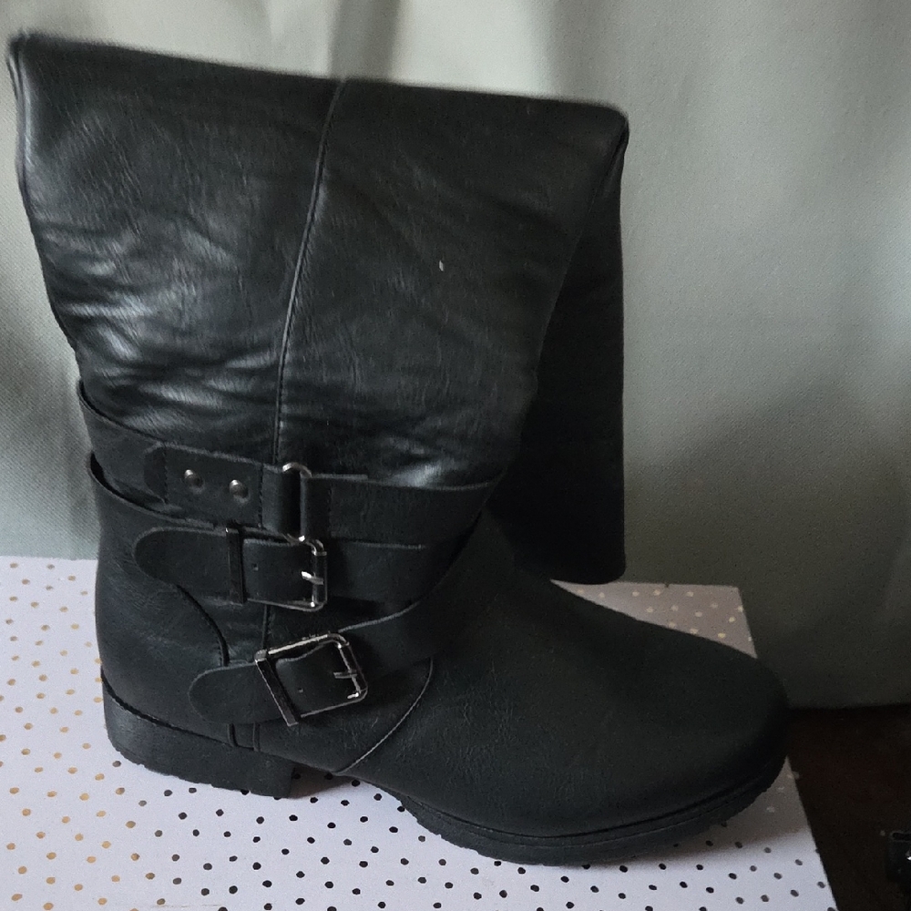 JustFab Black Heeled Buckle Boots